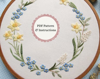 Daffodils and Forget-Me-Nots Hand Embroidery PDF Pattern, Spring Floral Needle-Painting, Botanical DIY Embroidery, Floral Wreath Embroidery