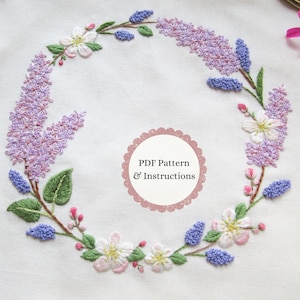 Lilac & Apple Blossom Hand Embroidery Wreath PDF Pattern, Floral Needle-Painting Instructions and Tutorial, DIY Spring Flower Stitching