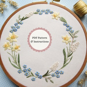 Daffodils and Forget-Me-Nots Hand Embroidery PDF Pattern, Spring Floral Needle-Painting, Botanical DIY Embroidery, Floral Wreath Embroidery