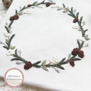 Winter Botanicals Wreath Hand Embroidery PDF Pattern, Pinecones and Winter Berries Embroidery Wreath, Floral Stitching Digital Download