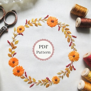 Fall Floral Embroidery Wreath PDF Pattern, Autumn Leaves & Flowers Embroidery Design, Beginner-Friendly DIY Stitching