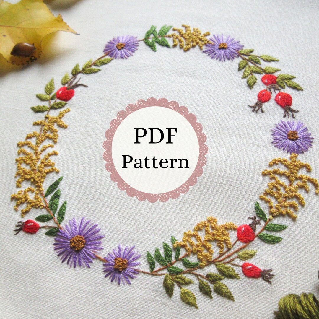 Autumn Floral Wreath Hand Embroidery Pattern: Goldenrod, Asters (PDF ...