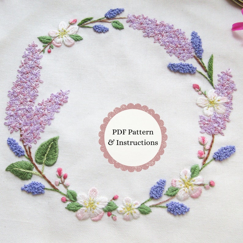 Lilac & Apple Blossom Hand Embroidery Wreath PDF Pattern, Floral Needle-Painting Instructions and Tutorial, DIY Spring Flower Stitching image 1