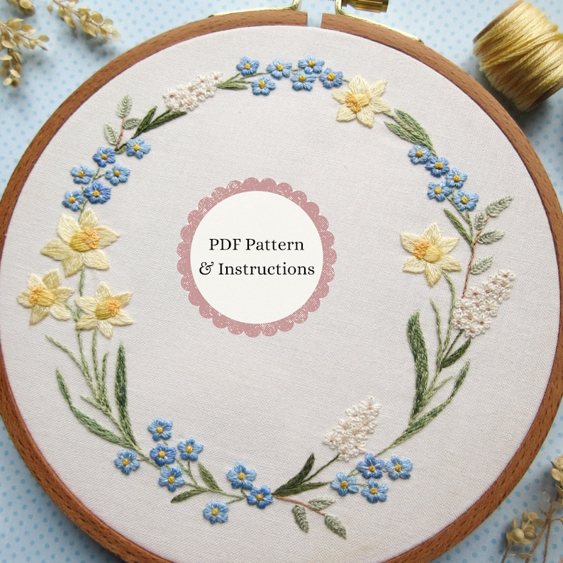 Daffodils and Forget-Me-Nots Hand Embroidery PDF Pattern, Spring Floral Needle-Painting, Botanical DIY Embroidery, Floral Wreath Embroidery image 1