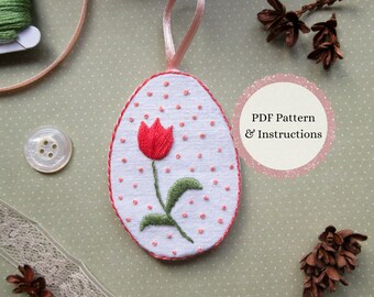Red Tulip Flower Easter Egg Embroidery Pattern, Spring Floral Hand Embroidery PDF download, Easter Tree Decoration DIY Instructions