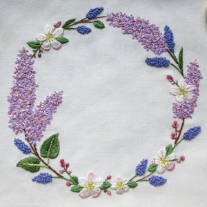 Lilac & Apple Blossom Hand Embroidery Wreath PDF Pattern, Floral Needle-Painting Instructions and Tutorial, DIY Spring Flower Stitching image 5