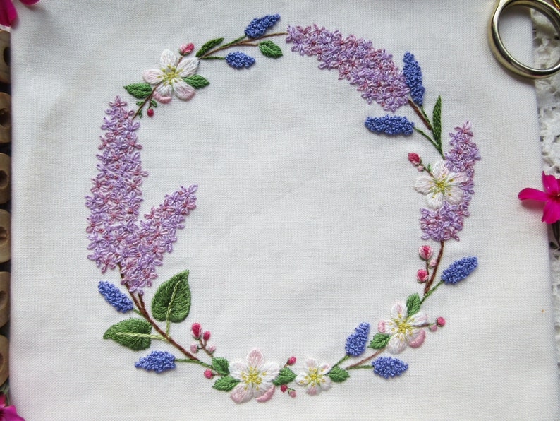 Lilac & Apple Blossom Hand Embroidery Wreath PDF Pattern, Floral Needle-Painting Instructions and Tutorial, DIY Spring Flower Stitching image 5