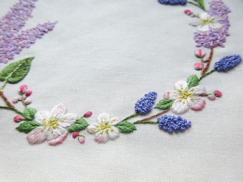 Lilac & Apple Blossom Hand Embroidery Wreath PDF Pattern, Floral Needle-Painting Instructions and Tutorial, DIY Spring Flower Stitching image 4