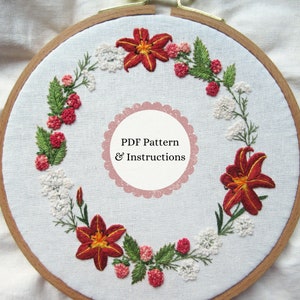 Day Lily & Raspberries Hand Embroidery PDF Pattern, Summer Floral Wreath Embroidery Design, DIY Needle Painting Project Instructions