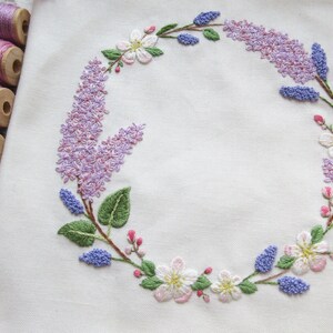 Lilac & Apple Blossom Hand Embroidery Wreath PDF Pattern, Floral Needle-Painting Instructions and Tutorial, DIY Spring Flower Stitching image 2