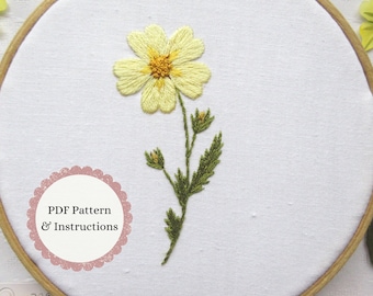 Daisy-like Flower Hand Embroidery PDF Pattern, Beginner Needle-Painting, Yellow Floral Embroidery DIY, Botanical Stitching Pattern