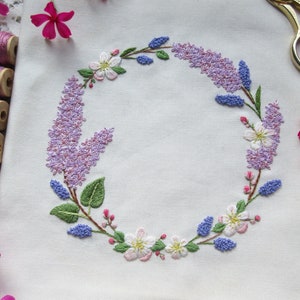 Lilac & Apple Blossom Hand Embroidery Wreath PDF Pattern, Floral Needle-Painting Instructions and Tutorial, DIY Spring Flower Stitching image 3