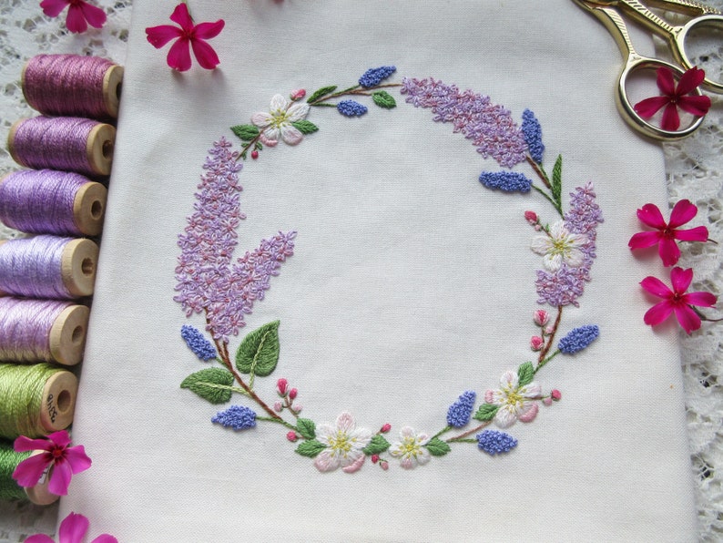 Lilac & Apple Blossom Hand Embroidery Wreath PDF Pattern, Floral Needle-Painting Instructions and Tutorial, DIY Spring Flower Stitching image 3
