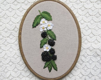 Hand-Embroidered Beaded Blackberry Branch Hoop, Embroidered Wall Art, Stump-Work Berries Finished Embroidery Hoop