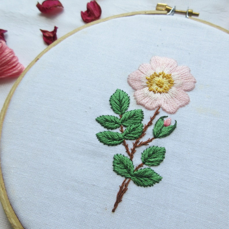 Wild Rose Hand Embroidery PDF Pattern, Rose Flower Needlepainting