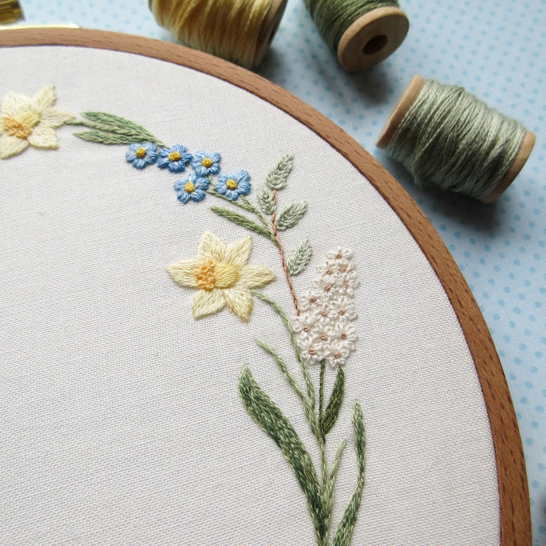 Daffodils and Forget-Me-Nots Hand Embroidery PDF Pattern, Spring Floral Needle-Painting, Botanical DIY Embroidery, Floral Wreath Embroidery image 4