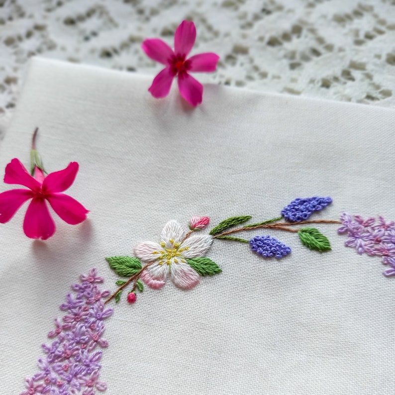Lilac & Apple Blossom Hand Embroidery Wreath PDF Pattern, Floral Needle-Painting Instructions and Tutorial, DIY Spring Flower Stitching image 9