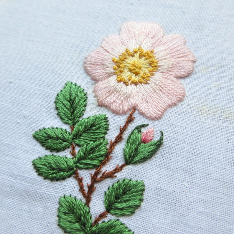 Wild Rose Hand Embroidery PDF Pattern, Rose Flower Needlepainting
