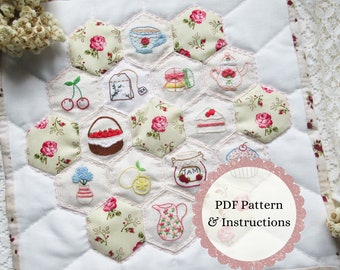 Tea Party EPP and Embroidery Mini-Quilt PDF Pattern, English Paper Piecing DIY Stitching Pattern, Hand-Quilting Project for Beginners