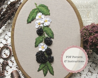 Beaded Blackberry Branch PDF Embroidery Pattern, Stump-work Hand Embroidery, Ribbon-work Flowers, Advanced Stitching Patterns, DIY Project