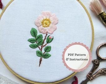 Wild Rose Hand Embroidery PDF Pattern, Rose Flower Needle-painting, Embroidery For Beginners, Floral Stitching Design
