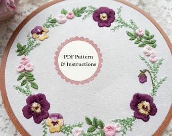 Pansy and Roses Wreath Hand Embroidery PDF Pattern, Soft Florals Embroidery Design, Botanical Wreath Stitching Instructions for Beginners