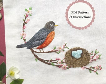 Robin & Nest Hand Embroidery PDF Pattern, Bird Needle-Painting Design, Floral Blossoms Embroidery with Stumpwork