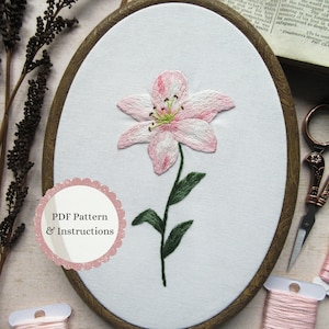 Pink Lily Hand Embroidery PDF Pattern, Spring Floral Needle-Painting, Botanical DIY Embroidery, Flower Embroidery Pattern