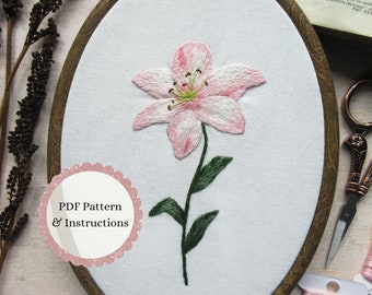Pink Lily Hand Embroidery PDF Pattern, Spring Floral Needle-Painting, Botanical DIY Embroidery, Flower Embroidery Pattern