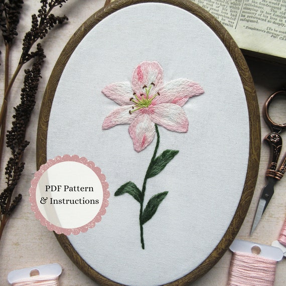 Pink Lily Hand Embroidery PDF Pattern Spring Floral Etsy