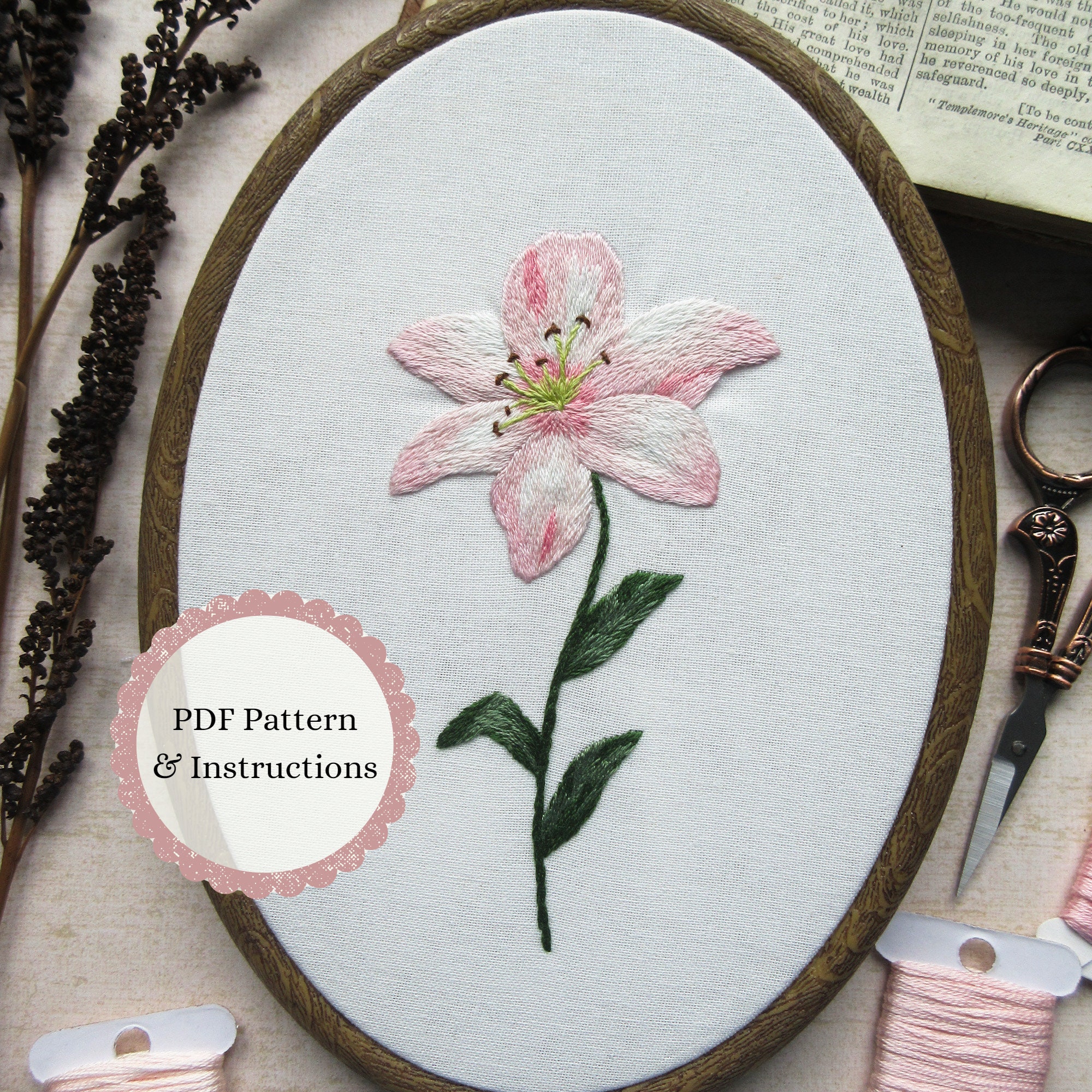 Pink Lily Hand Embroidery PDF Pattern, Spring Floral Needle