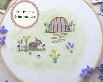 Bunny Hand Embroidery PDF Pattern, Spring Florals Design, Rabbit Needle-Painting Embroidery, Beginner-Friendly DIY Pattern,