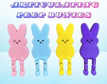 May include: Four colorful, articulated Peep Bunnies in pink, blue, yellow, and purple. Each bunny has jointed legs and small black dot eyes. The text "ARTICULATING PEEP BUNNIES" is above the bunnies.