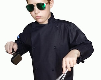 Kids Children BLACK Chef Coat Jacket Just like professionals wear Boys Girls sizes TOP QUuality by CHEFSKIN Makes a Great Gift! Free Hat!