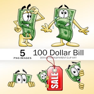 Vibrante clipart de personaje de dibujos animados de billete de 100 dólares para marketing de pequeñas empresas: descarga digital, impresión y uso en línea