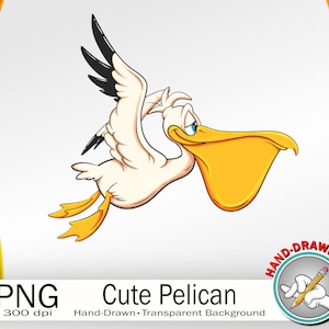 Pellicano simpatico cartone animato disegnato a mano - PNG ad alta risoluzione, 300 DPI, sfondi trasparenti per magliette, adesivi, decorazioni e altro