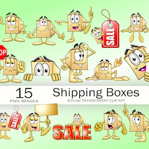 Vibrant Shipping Boxes Cartoon Character Clipart for Small Business Marketing – digital download, Print & Online Use