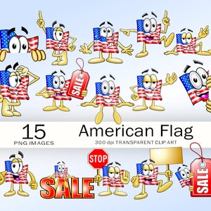 Vibrant American Flag Cartoon Character Clipart for Small Business Marketing – digital download, Print & Online Use