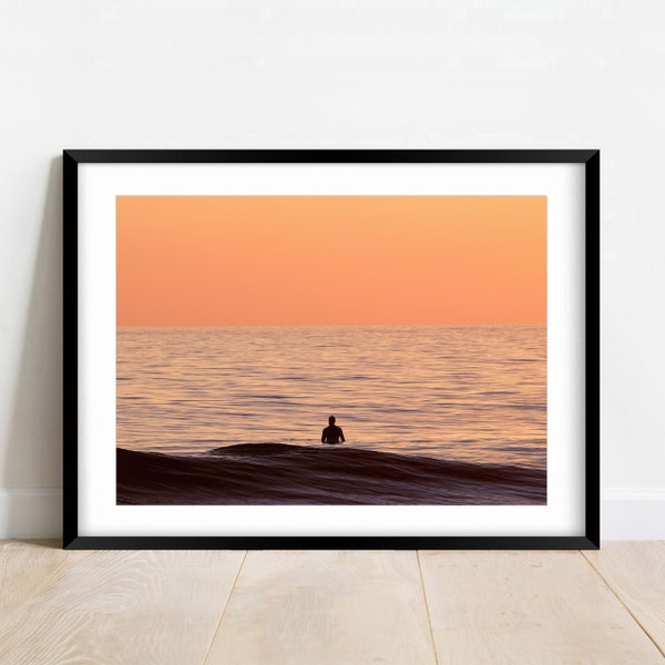 Sunset Surfing Art Print, Ocean Sunset Poster, Calming Wall Art, Coastal Artwork, Tropical Beach Art, Seaside Décor, Sunset Photography