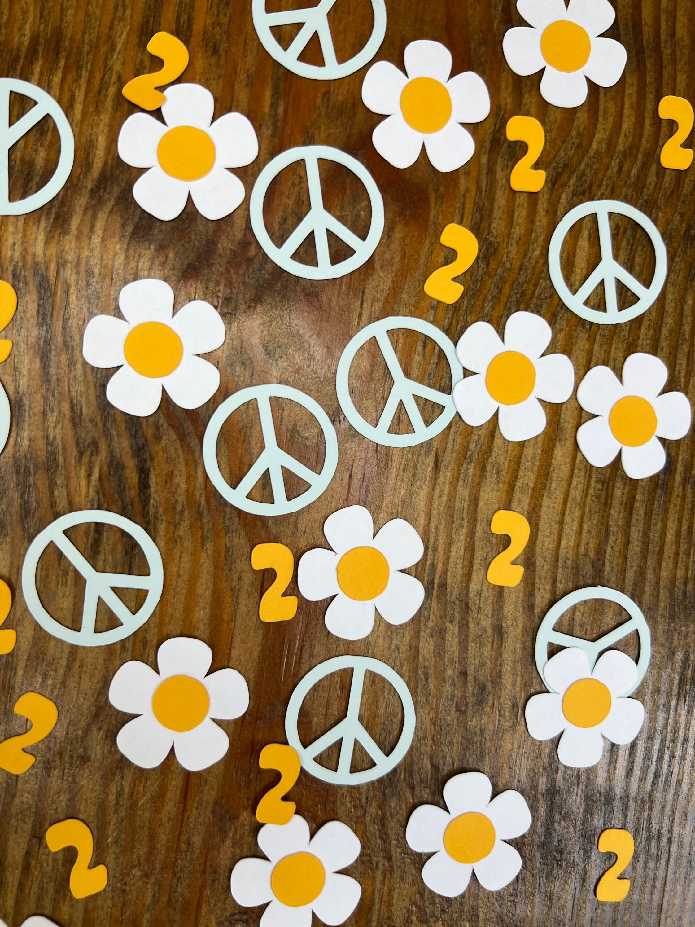Daisy boho confetti table party decor custom with name two groovy hippie personalized supplies