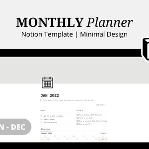 2022 Monthly Planner Notion Template | Minimal Notion Monthly Planner | 2022 Digital Monthly Planner | Notion Template