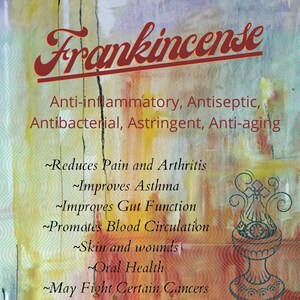 May include: Frankincense essential oil, a natural remedy with a variety of benefits, including reducing pain and improving gut function. The image shows a bottle of frankincense oil and a list of its uses.  Always use 100% pure therapeutic grade frankincense oil.
