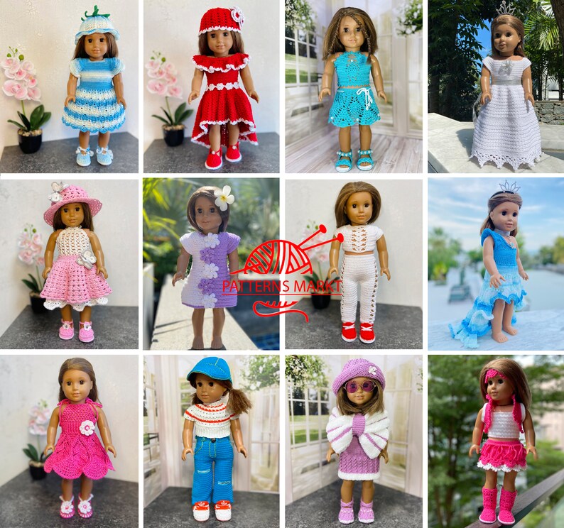 Op de afbeelding: Twaalf verschillende gehaakte poppenoutfits voor 45 cm poppen. De outfits omvatten jurken, rokken, tops, broeken en hoeden. De outfits zijn gemaakt in verschillende kleuren, waaronder roze, blauw, rood, wit en paars.