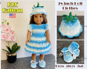 18 inch doll pattern, AG Doll Clothes Pattern, Crochet doll hat, Crochet doll shoes, AG outfits pattern, crochet doll clothes