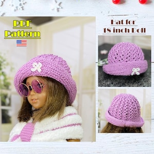 May include: PDF pattern for a purple crochet hat for an 18 inch doll. The hat features a white bow and is shown on a doll wearing sunglasses.
