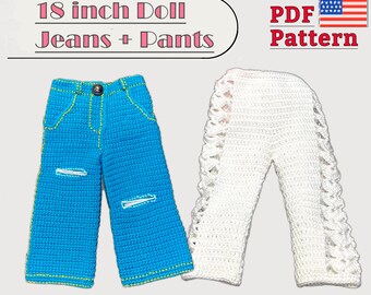 2 patrones Pantalones y Jeans para muñeca de 18 pulgadas, jeans AG, pantalones para muñeca a crochet, pantalones a crochet, pantalones a crochet para muñeca, patrón de jeans para muñeca