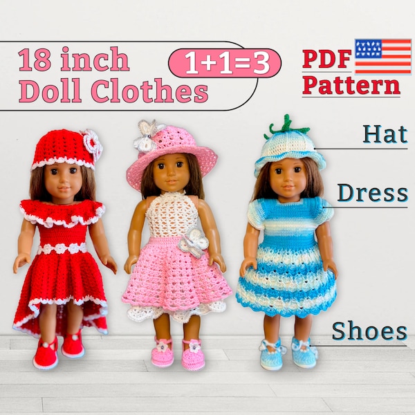 3 Patterns Bundle 18 inch Doll Clothes, 18 inch Doll clothes, crochet pattern for 18 inch doll, Buy 2 Get 1 Free
