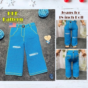 May include: Crocheted blue jeans for an 18 inch doll. The jeans have yellow stitching and distressed details. The pattern is available as a PDF download.