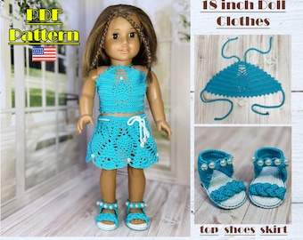 Outfit for 18 inch doll, AG Doll Clothes Pattern, crochet pattern, Crochet skirt, shoes and top, doll outfits pattern, fits 18 inch doll