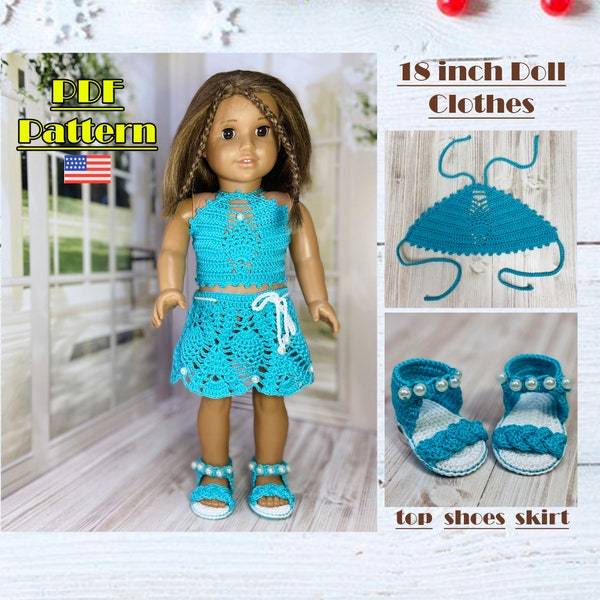 Outfit for 18 inch doll, AG Doll Clothes Pattern, crochet pattern, Crochet skirt, shoes and top, doll outfits pattern, fits 18 inch doll